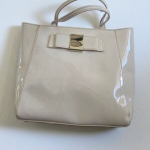 Patent Leather Tote Bag in Light Beige with Bow Accent
